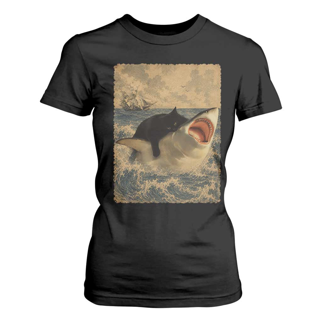 Black Cat Biting Shark Anime Graphic Japanese T Shirt For Women Vintage Graphic Ukiyo-e Art TS10 Black Print Your Wear