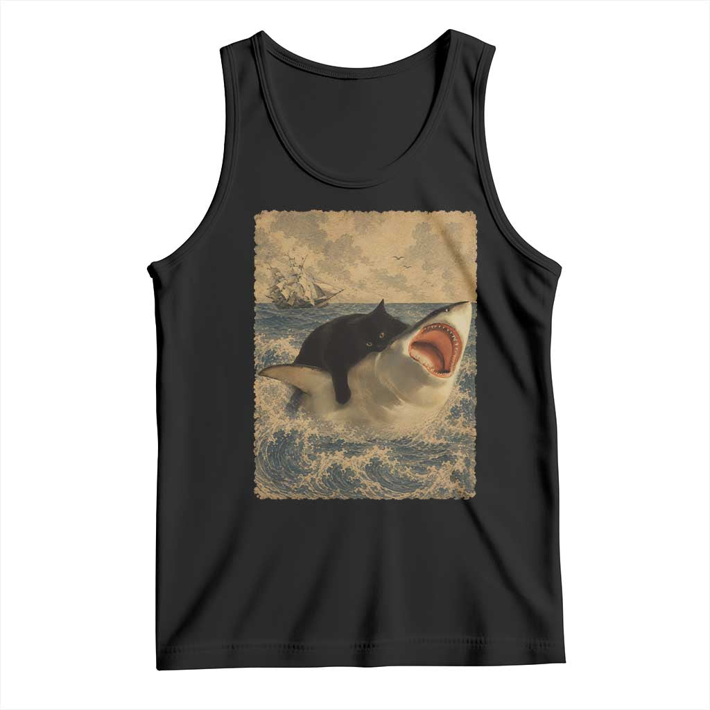 Black Cat Biting Shark Anime Graphic Japanese Tank Top Vintage Graphic Ukiyo-e Art TS10 Black Print Your Wear