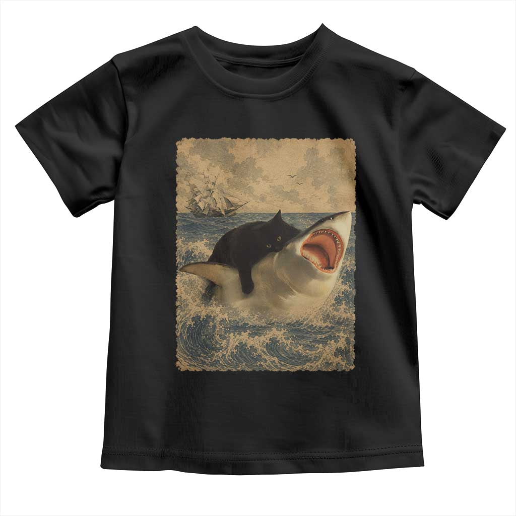 Black Cat Biting Shark Anime Graphic Japanese Toddler T Shirt Vintage Graphic Ukiyo-e Art TS10 Black Print Your Wear