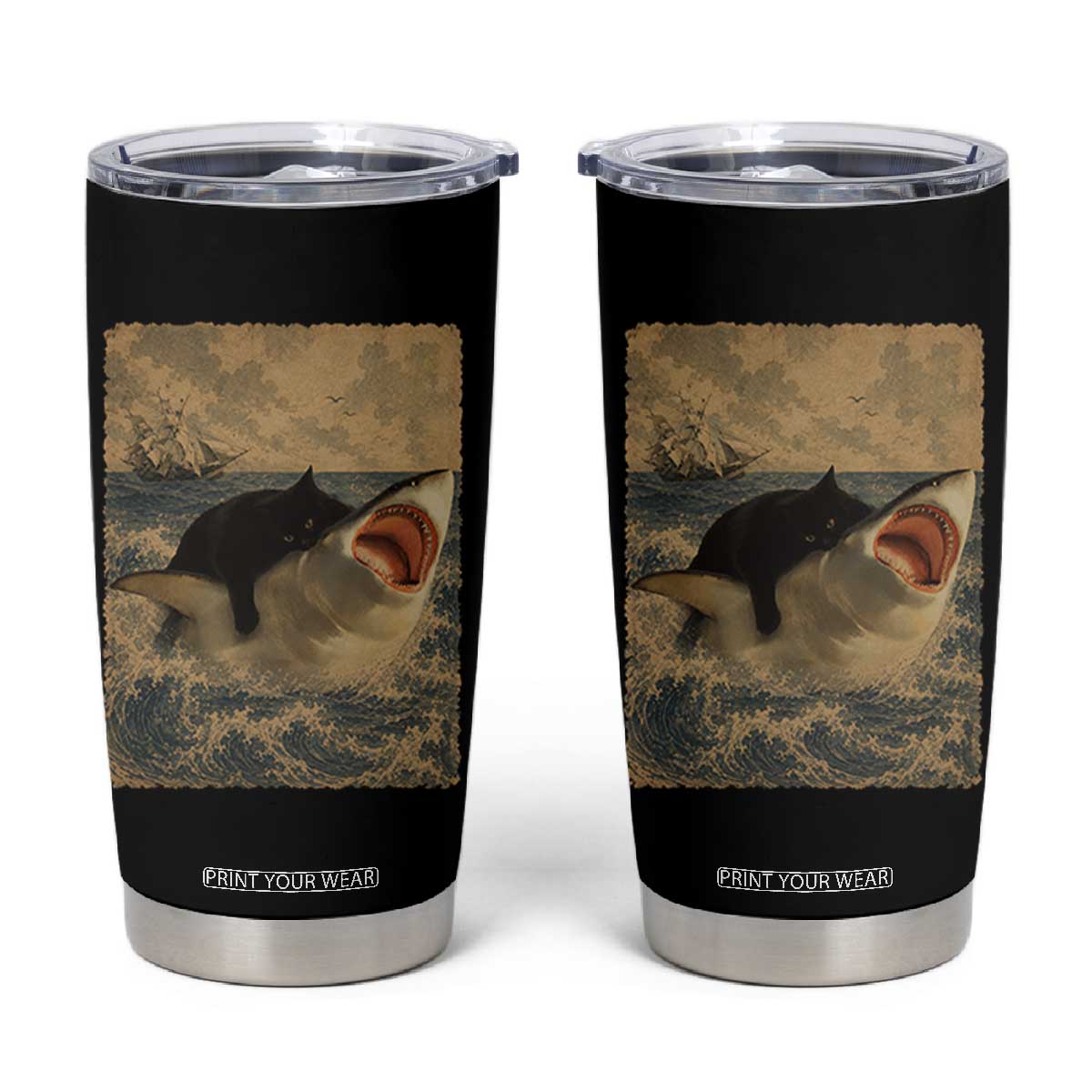 Black Cat Biting Shark Anime Graphic Japanese Tumbler Cup Vintage Graphic Ukiyo-e Art TS10 Black Print Your Wear