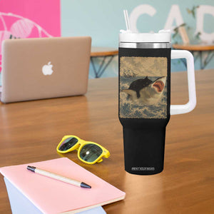Black Cat Biting Shark Anime Graphic Japanese Tumbler With Handle Vintage Graphic Ukiyo-e Art TS10 Print Your Wear