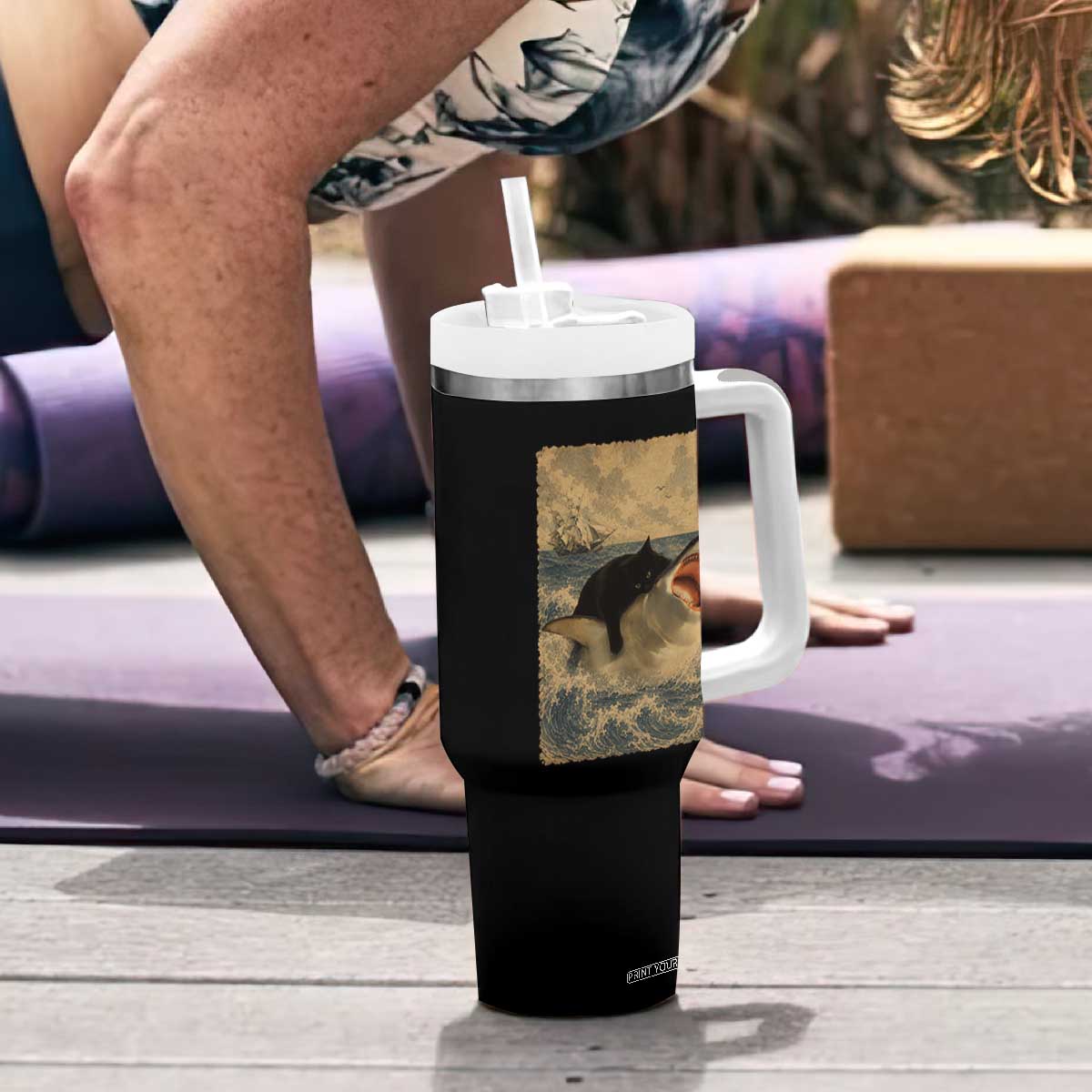 Black Cat Biting Shark Anime Graphic Japanese Tumbler With Handle Vintage Graphic Ukiyo-e Art TS10 Print Your Wear