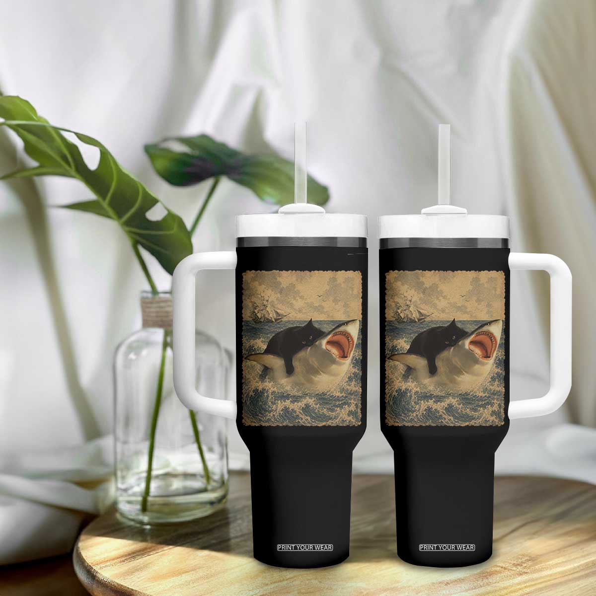 Black Cat Biting Shark Anime Graphic Japanese Tumbler With Handle Vintage Graphic Ukiyo-e Art TS10 Print Your Wear