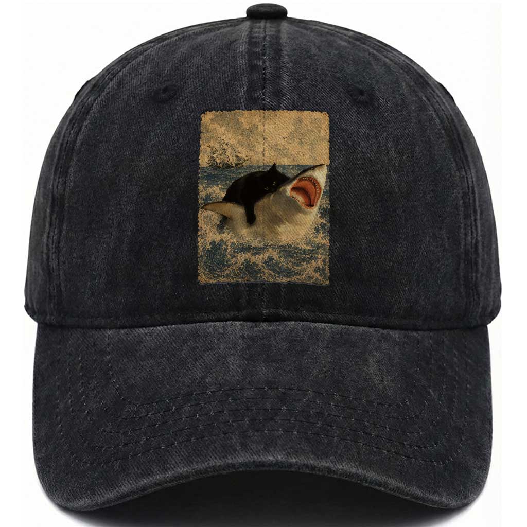 Black Cat Biting Shark Anime Graphic Japanese Washed Cotton Baseball Cap Vintage Graphic Ukiyo-e Art TS10 Print Your Wear