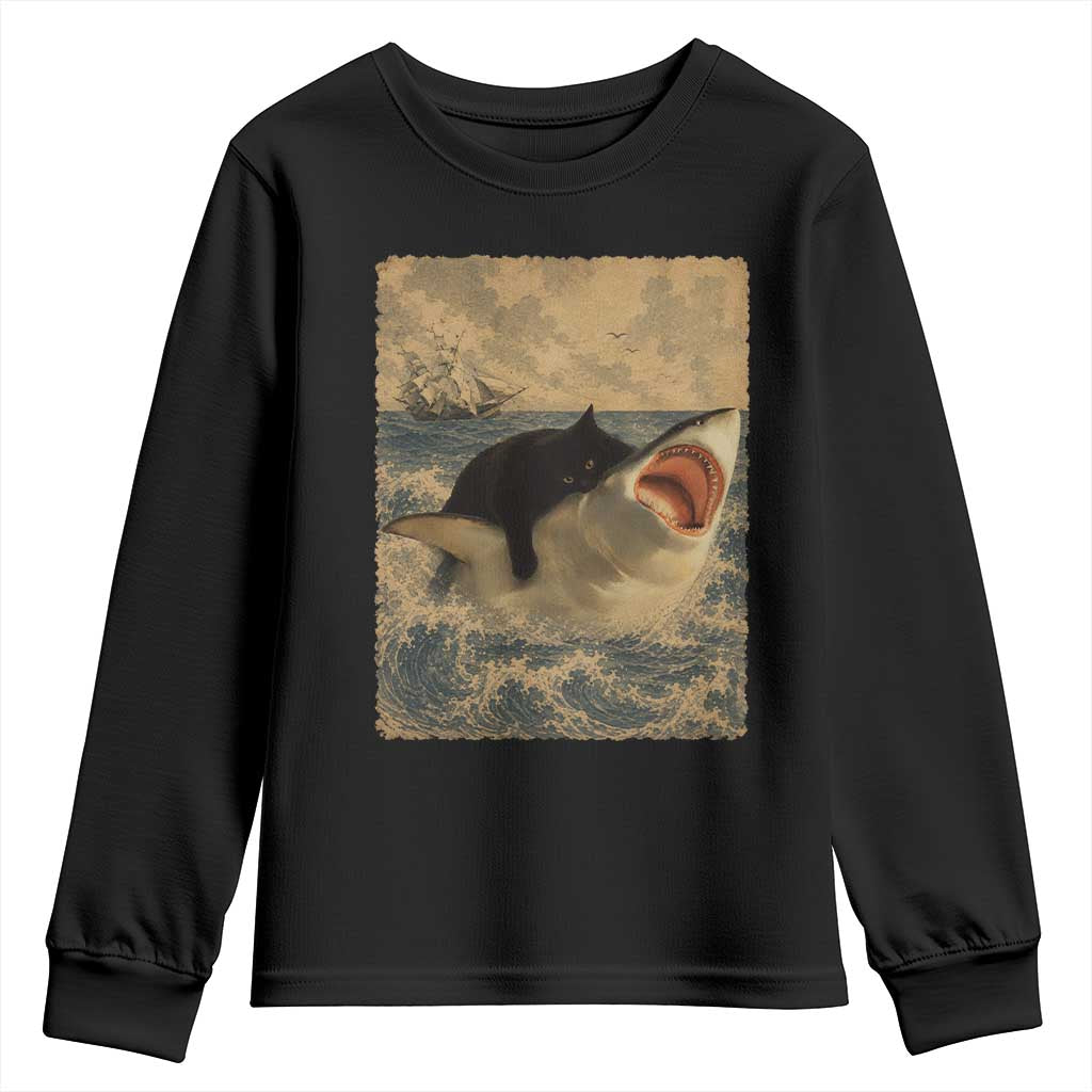 Black Cat Biting Shark Anime Graphic Japanese Youth Sweatshirt Vintage Graphic Ukiyo-e Art TS10 Black Print Your Wear