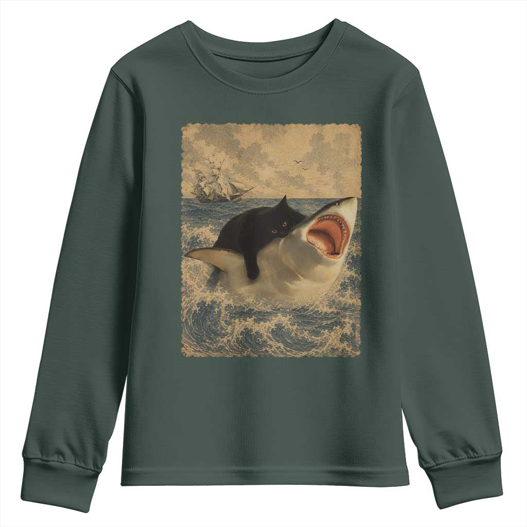 Black Cat Biting Shark Anime Graphic Japanese Youth Sweatshirt Vintage Graphic Ukiyo-e Art TS10 Dark Forest Green Print Your Wear