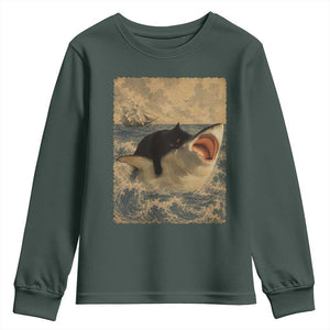 Black Cat Biting Shark Anime Graphic Japanese Youth Sweatshirt Vintage Graphic Ukiyo-e Art TS10 Dark Forest Green Print Your Wear