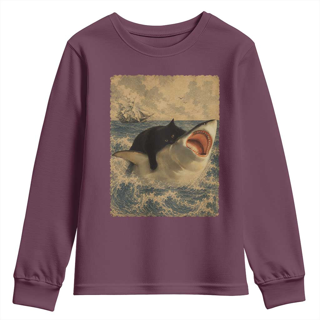 Black Cat Biting Shark Anime Graphic Japanese Youth Sweatshirt Vintage Graphic Ukiyo-e Art TS10 Maroon Print Your Wear