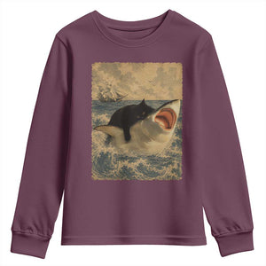 Black Cat Biting Shark Anime Graphic Japanese Youth Sweatshirt Vintage Graphic Ukiyo-e Art TS10 Maroon Print Your Wear