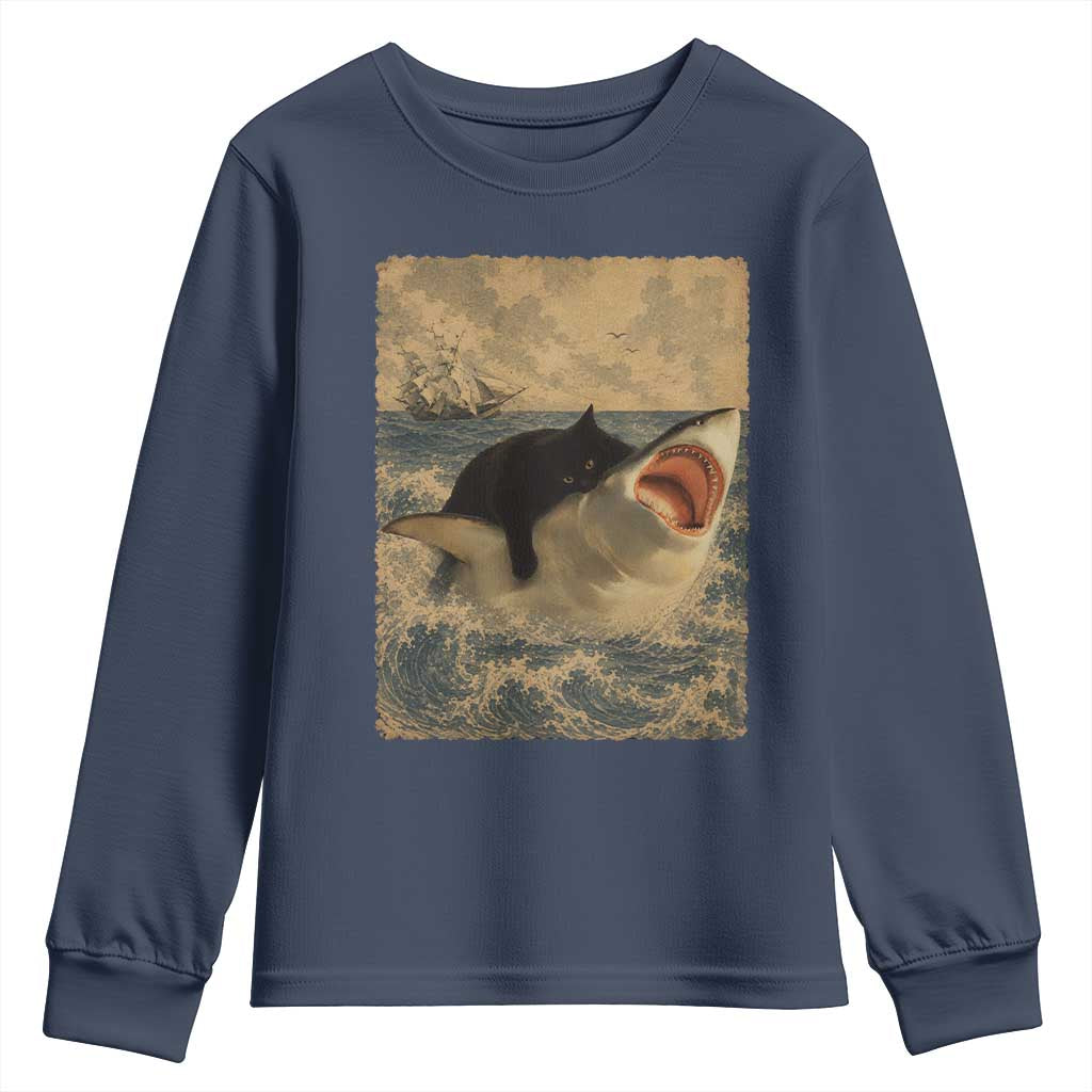 Black Cat Biting Shark Anime Graphic Japanese Youth Sweatshirt Vintage Graphic Ukiyo-e Art TS10 Navy Print Your Wear