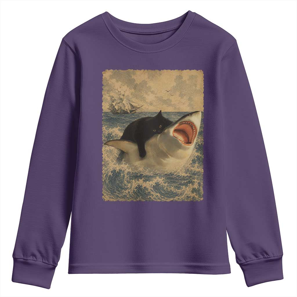 Black Cat Biting Shark Anime Graphic Japanese Youth Sweatshirt Vintage Graphic Ukiyo-e Art TS10 Purple Print Your Wear