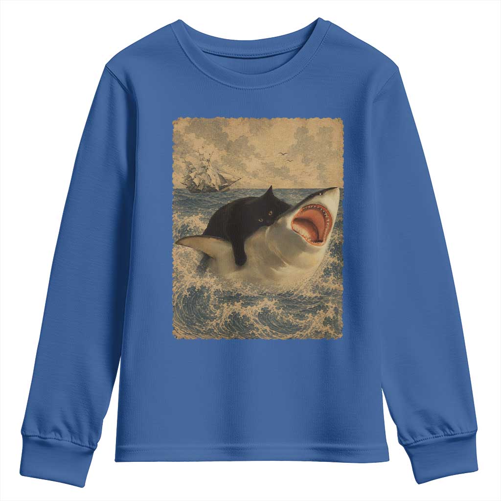 Black Cat Biting Shark Anime Graphic Japanese Youth Sweatshirt Vintage Graphic Ukiyo-e Art TS10 Royal Blue Print Your Wear