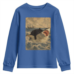 Black Cat Biting Shark Anime Graphic Japanese Youth Sweatshirt Vintage Graphic Ukiyo-e Art TS10 Royal Blue Print Your Wear