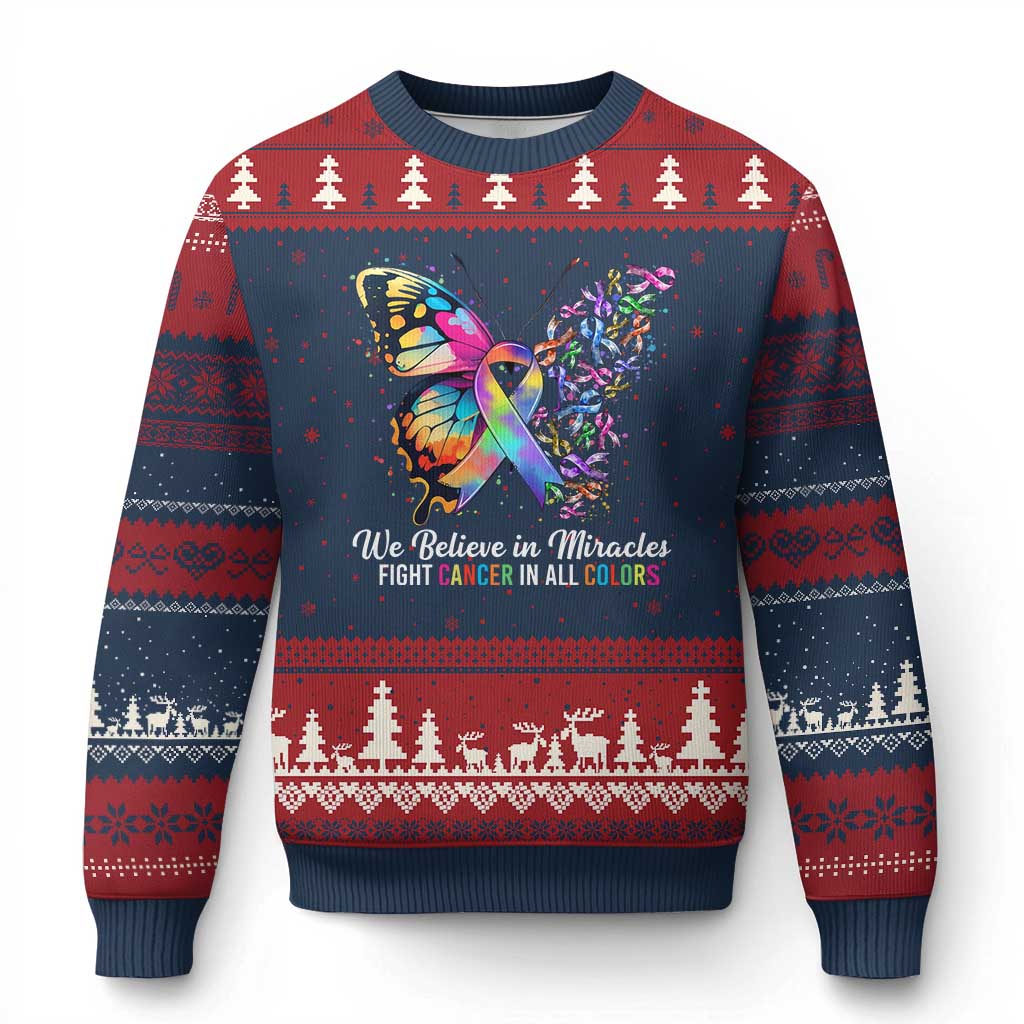 Fight Cancer In All Colors Ugly Christmas Sweater We Believe In Miracles Cancer Awareness TS10 Navy Red Print Your Wear