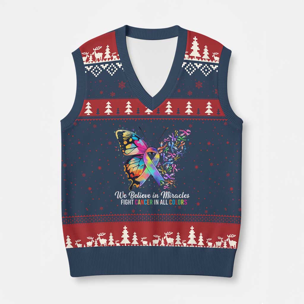 Fight Cancer In All Colors V-Neck Knit Sweater Vest We Believe In Miracles Cancer Awareness TS10 Navy Red Print Your Wear