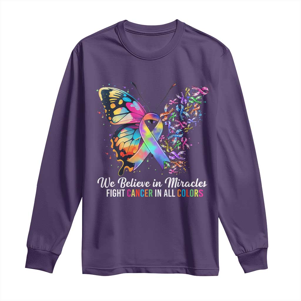 Fight Cancer In All Colors Long Sleeve Shirt We Believe In Miracles Cancer Awareness TS10 Purple Print Your Wear