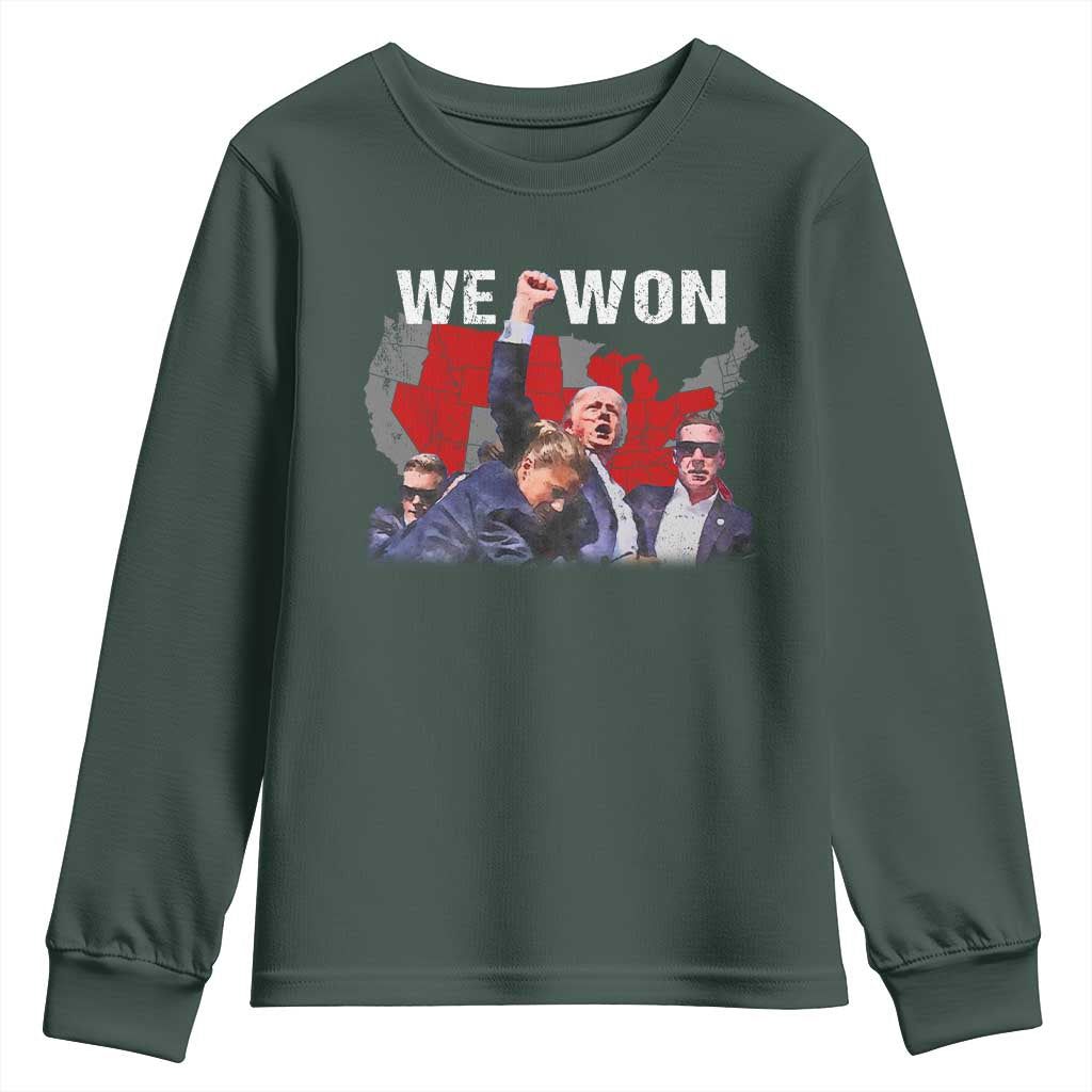 Trump Won Youth Sweatshirt We Won Wins 45 47 President 2024 US Election Map TS10 Dark Forest Green Print Your Wear
