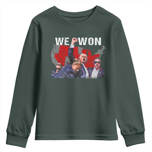 Trump Won Youth Sweatshirt We Won Wins 45 47 President 2024 US Election Map TS10 Dark Forest Green Print Your Wear