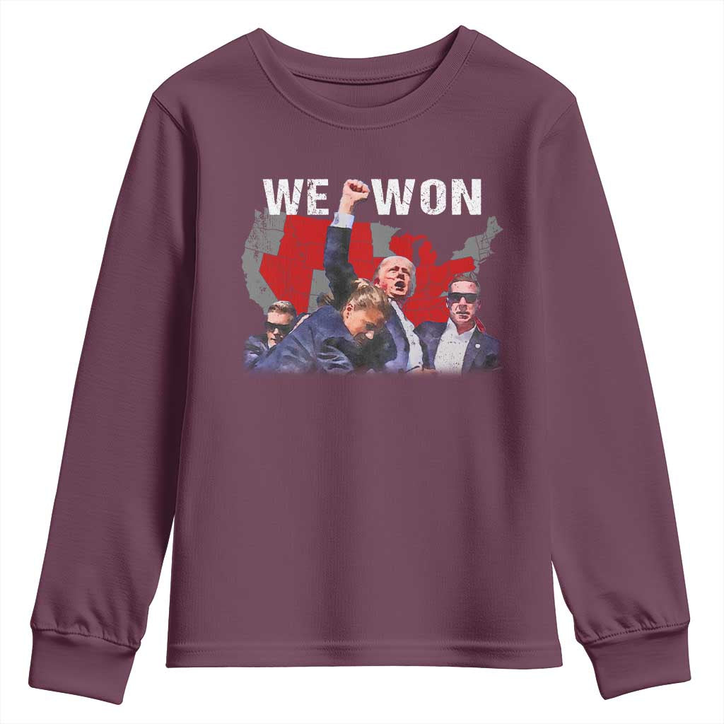 Trump Won Youth Sweatshirt We Won Wins 45 47 President 2024 US Election Map TS10 Maroon Print Your Wear