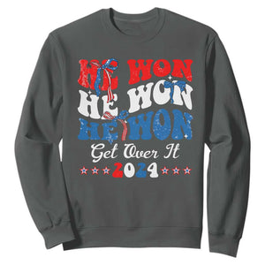 Trump 2024 Sweatshirt He Won Coquette Bow USA Flag TS10 Dark Heather Print Your Wear