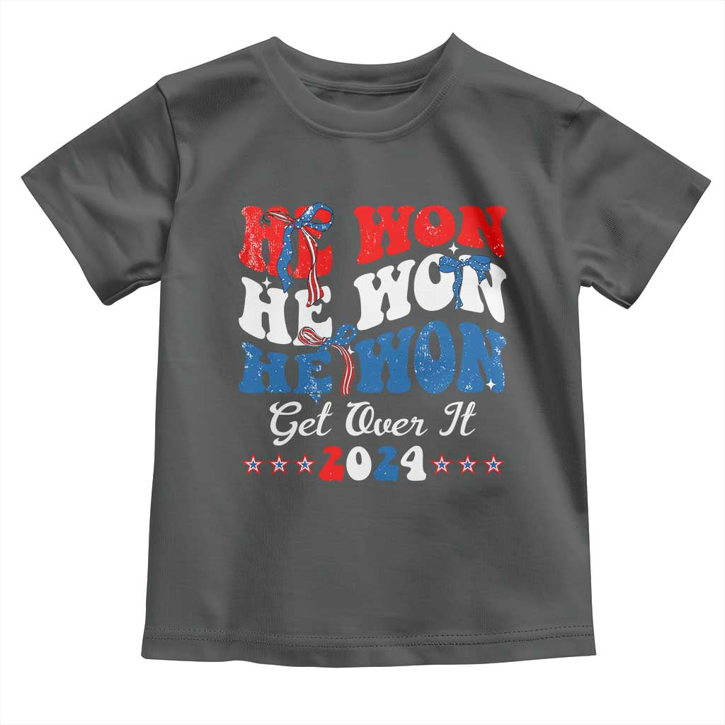 Trump 2024 Toddler T Shirt He Won Coquette Bow USA Flag TS10 Dark Heather Print Your Wear
