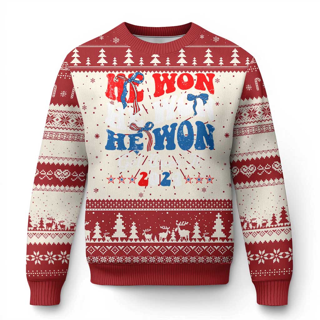 Trump 2024 Ugly Christmas Sweater He Won Coquette Bow USA Flag TS10 Red Print Your Wear