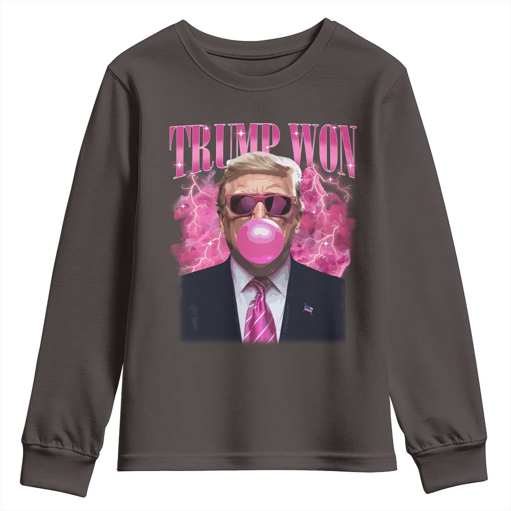 Trump Won 2024 Youth Sweatshirt Trump Pink Bubble Gum Funny Cute Retro 90s TS10 Dark Chocolate Print Your Wear