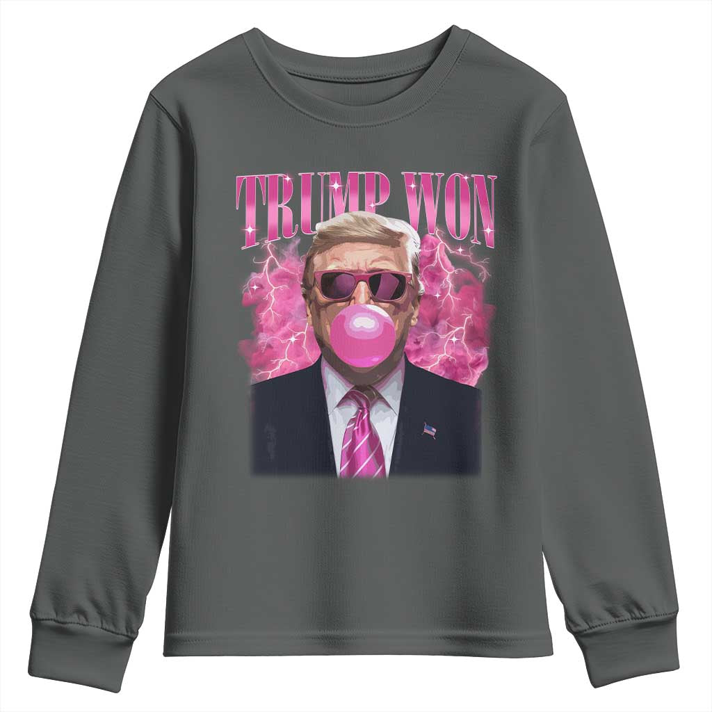 Trump Won 2024 Youth Sweatshirt Trump Pink Bubble Gum Funny Cute Retro 90s TS10 Dark Heather Print Your Wear