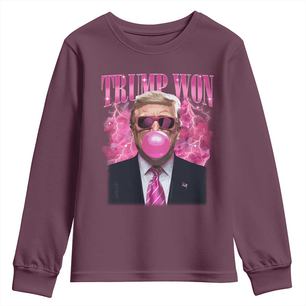 Trump Won 2024 Youth Sweatshirt Trump Pink Bubble Gum Funny Cute Retro 90s TS10 Maroon Print Your Wear
