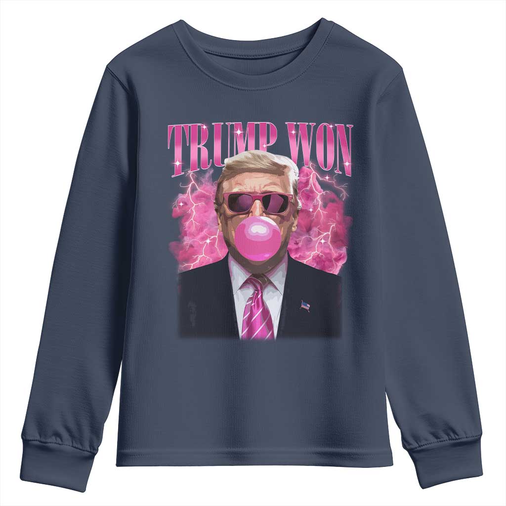 Trump Won 2024 Youth Sweatshirt Trump Pink Bubble Gum Funny Cute Retro 90s TS10 Navy Print Your Wear