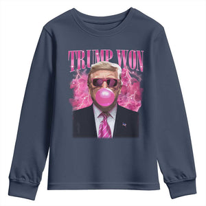 Trump Won 2024 Youth Sweatshirt Trump Pink Bubble Gum Funny Cute Retro 90s TS10 Navy Print Your Wear
