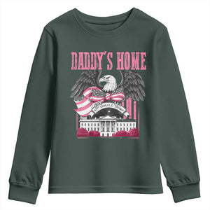 Daddy's Home Youth Sweatshirt Funny Trump Pink 47th President Eagle US American Flag Coquette Bow TS10 Dark Forest Green Print Your Wear