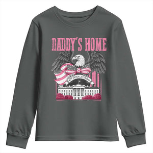 Daddy's Home Youth Sweatshirt Funny Trump Pink 47th President Eagle US American Flag Coquette Bow TS10 Dark Heather Print Your Wear