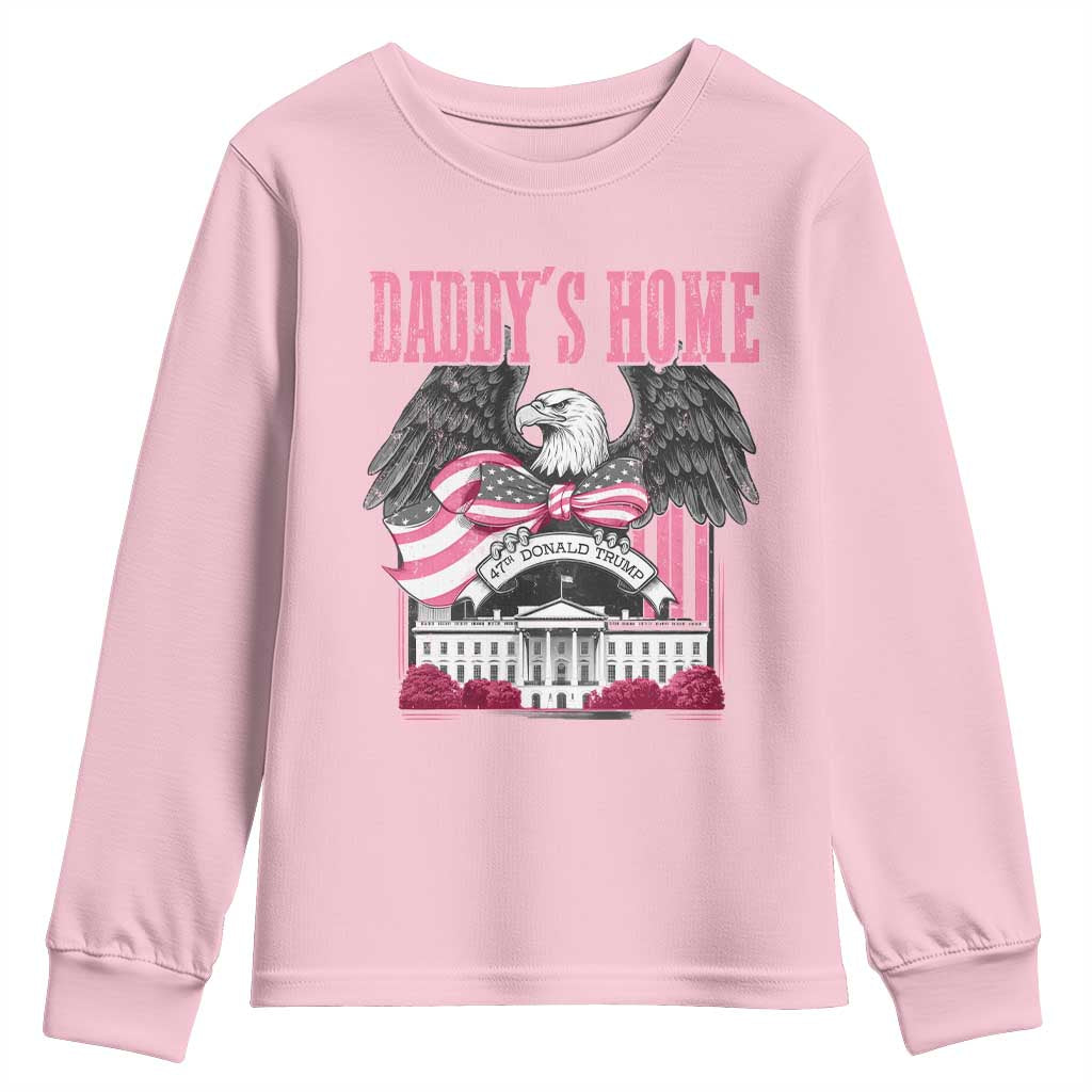 Daddy's Home Youth Sweatshirt Funny Trump Pink 47th President Eagle US American Flag Coquette Bow TS10 Light Pink Print Your Wear