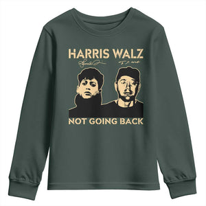 Harris Walz Youth Sweatshirt Retro We Are Not Going Back TS10 Dark Forest Green Print Your Wear