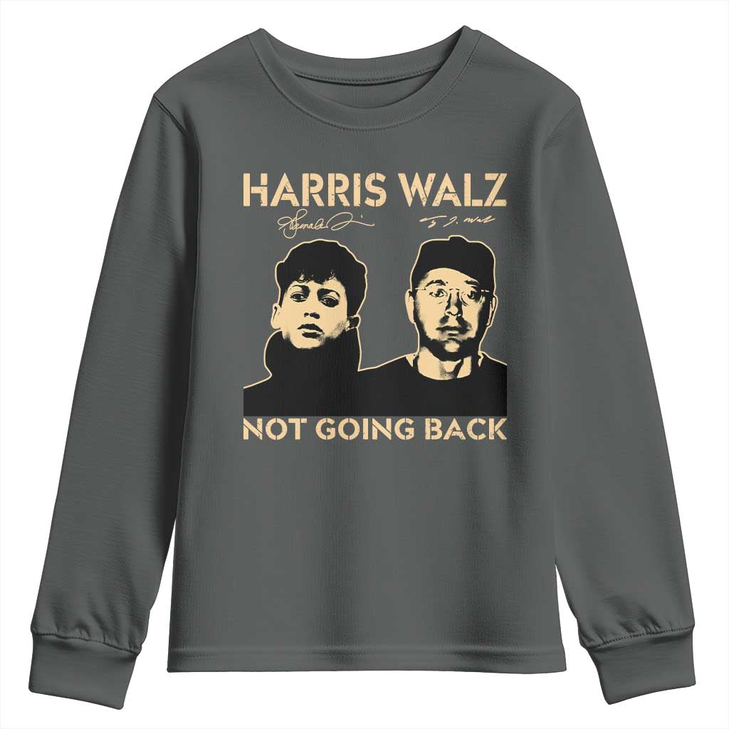 Harris Walz Youth Sweatshirt Retro We Are Not Going Back TS10 Dark Heather Print Your Wear