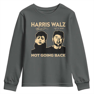 Harris Walz Youth Sweatshirt Retro We Are Not Going Back TS10 Dark Heather Print Your Wear
