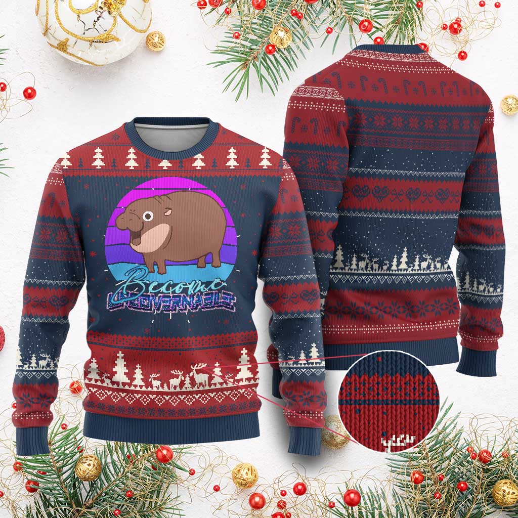 Funny Moo Deng Ugly Christmas Sweater Baby Hippo Become Ungovernable TS10 Burgundy Print Your Wear