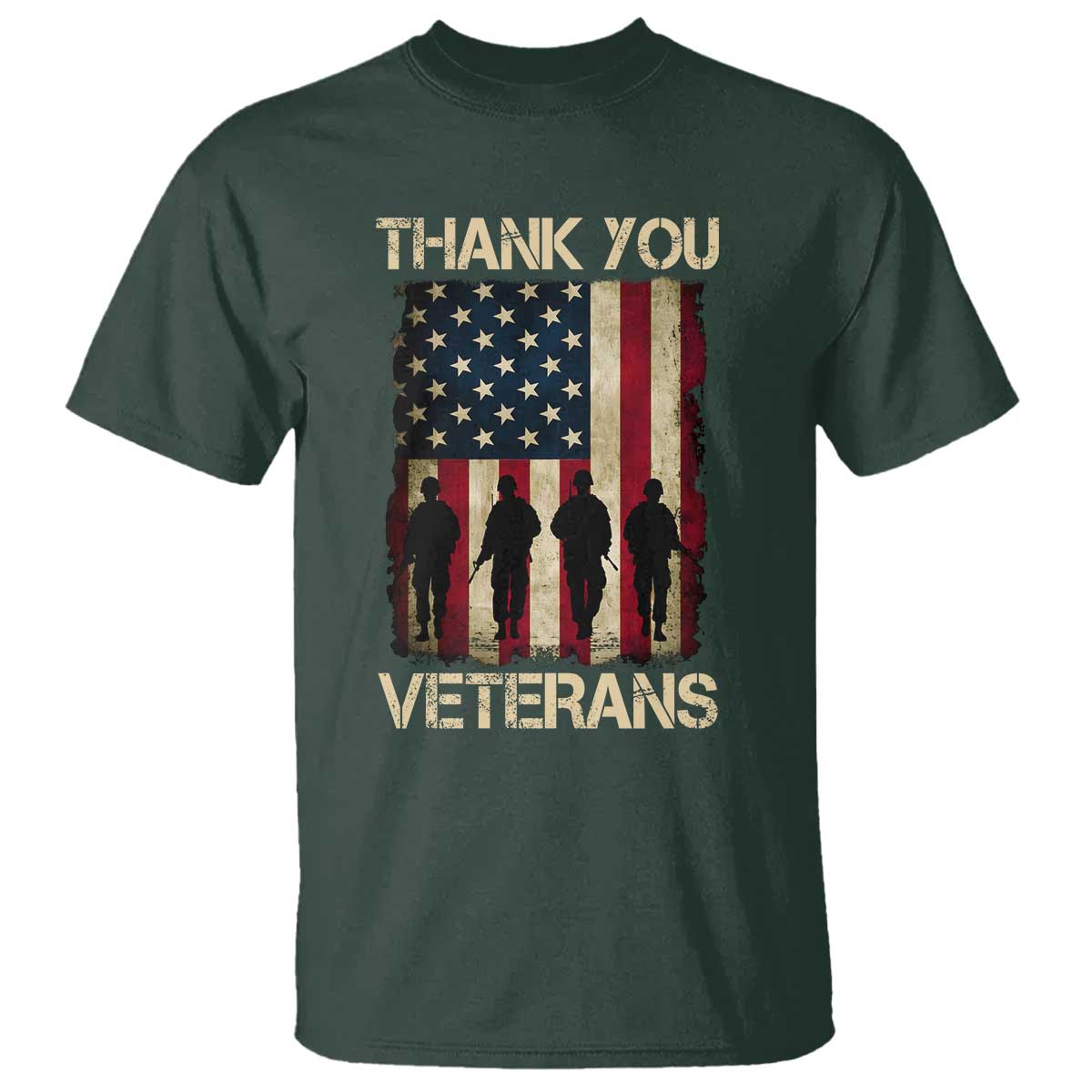 Thank You Veterans T Shirt Veterans Day Patriotic American Flag TS10 Dark Forest Green Print Your Wear