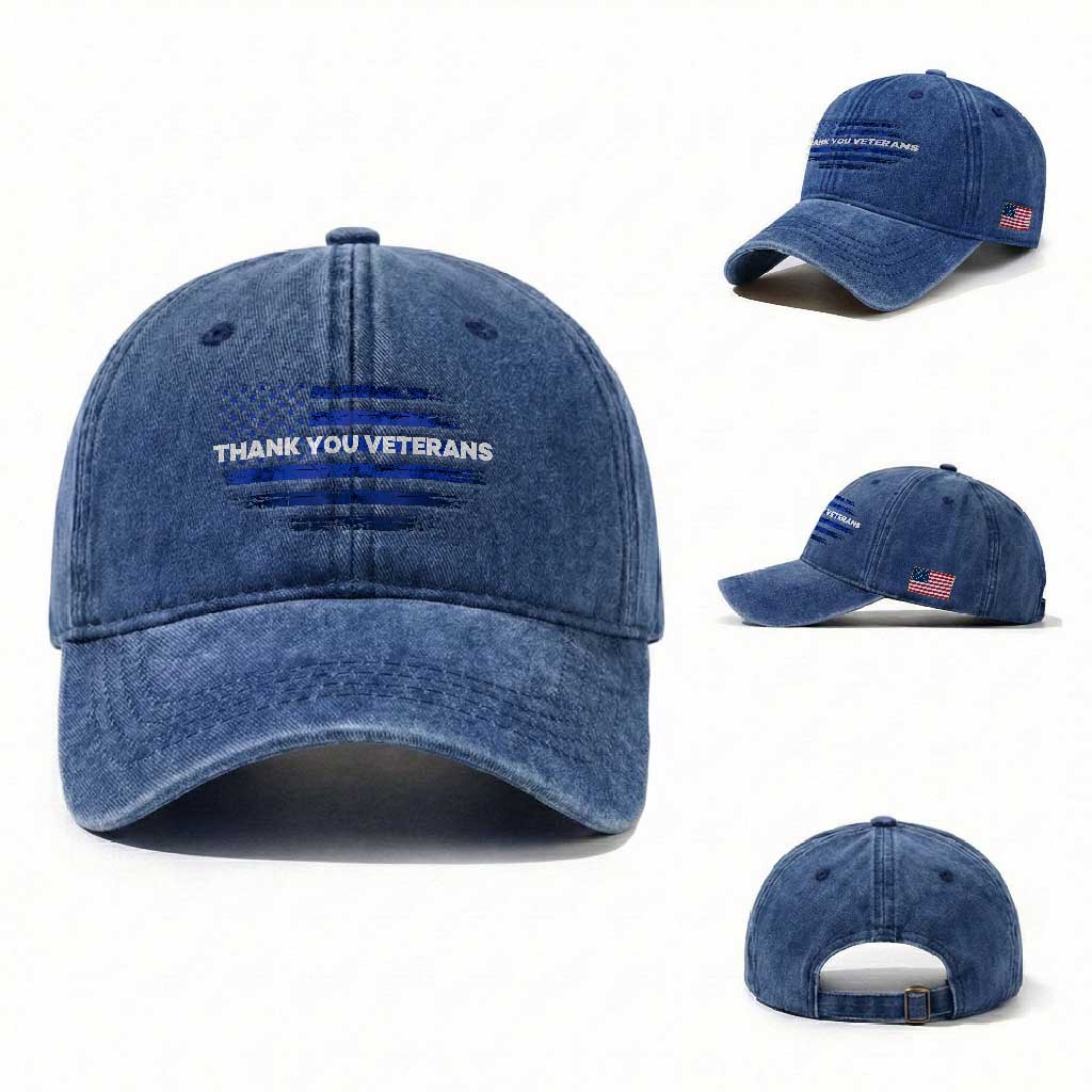 Thank You Veterans Washed Cotton Baseball Cap Never Forget Veterans Day Grunge American Flag TS10 Washed Cap Universal Fit Royal Blue Print Your Wear