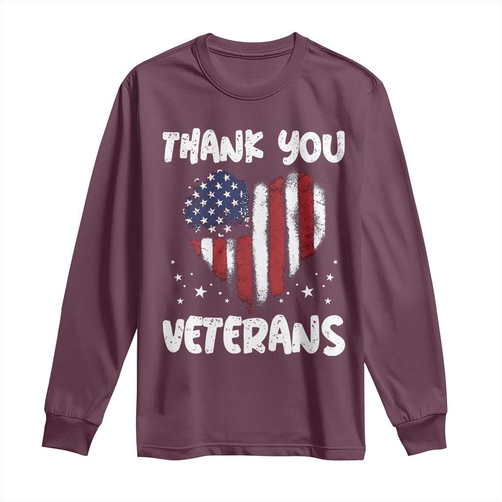 Thank You Veterans Long Sleeve Shirt Patriotic Veterans Day Grunge USA Flag Heart TS10 Maroon Print Your Wear