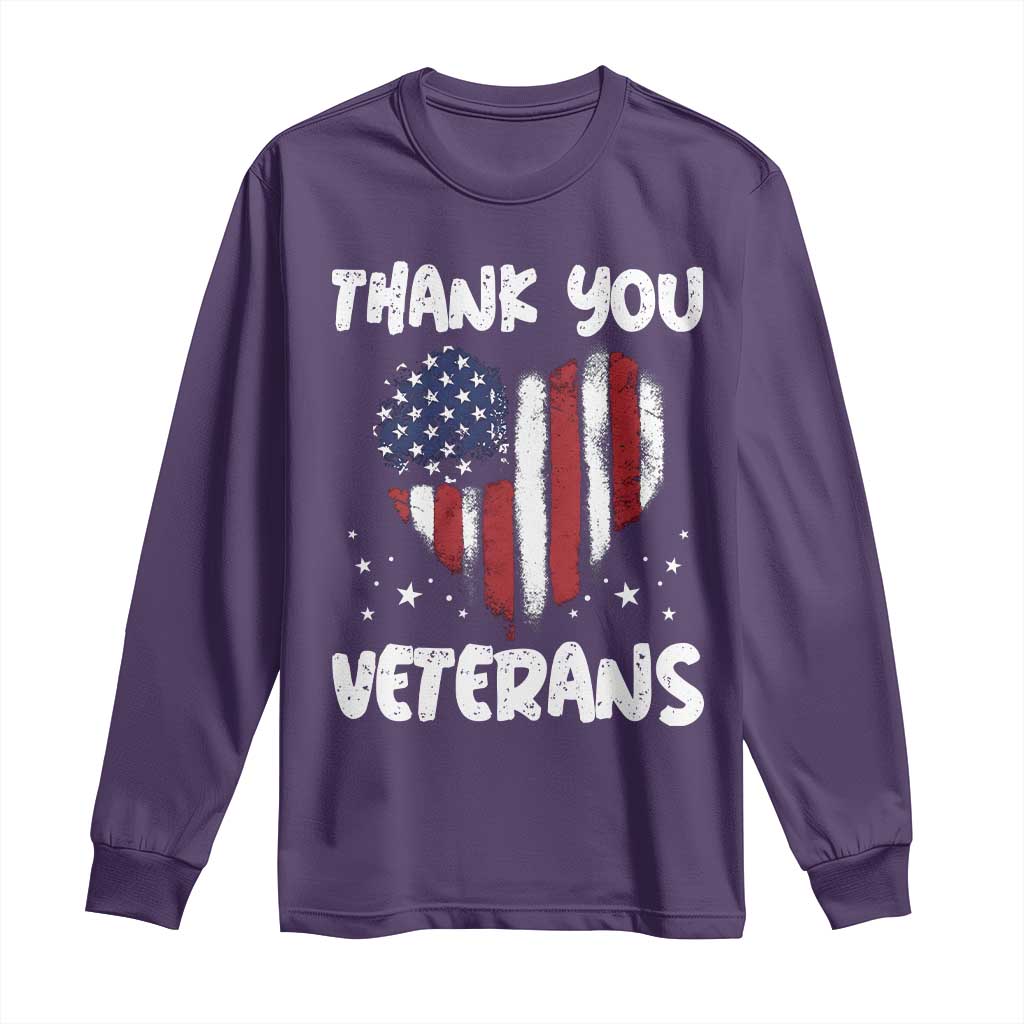 Thank You Veterans Long Sleeve Shirt Patriotic Veterans Day Grunge USA Flag Heart TS10 Purple Print Your Wear