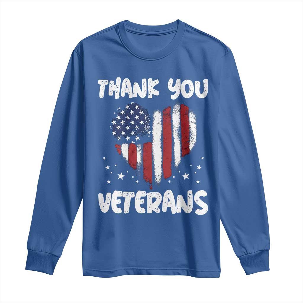 Thank You Veterans Long Sleeve Shirt Patriotic Veterans Day Grunge USA Flag Heart TS10 Royal Blue Print Your Wear