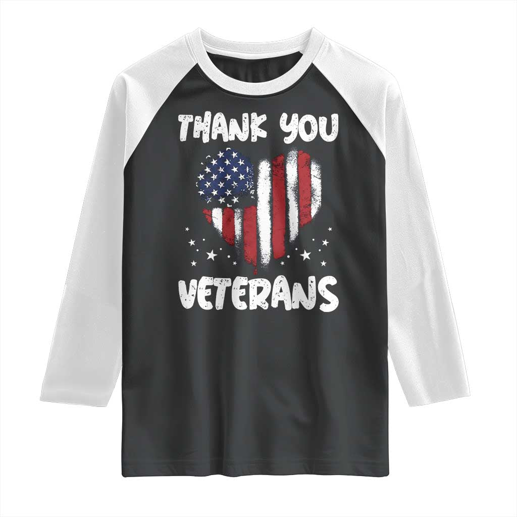 Thank You Veterans Raglan Shirt Patriotic Veterans Day Grunge USA Flag Heart TS10 Black White Print Your Wear