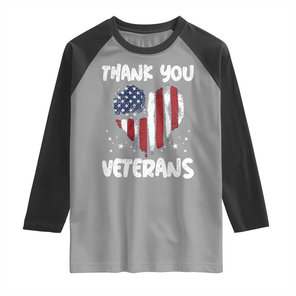 Thank You Veterans Raglan Shirt Patriotic Veterans Day Grunge USA Flag Heart TS10 Sport Gray Black Print Your Wear