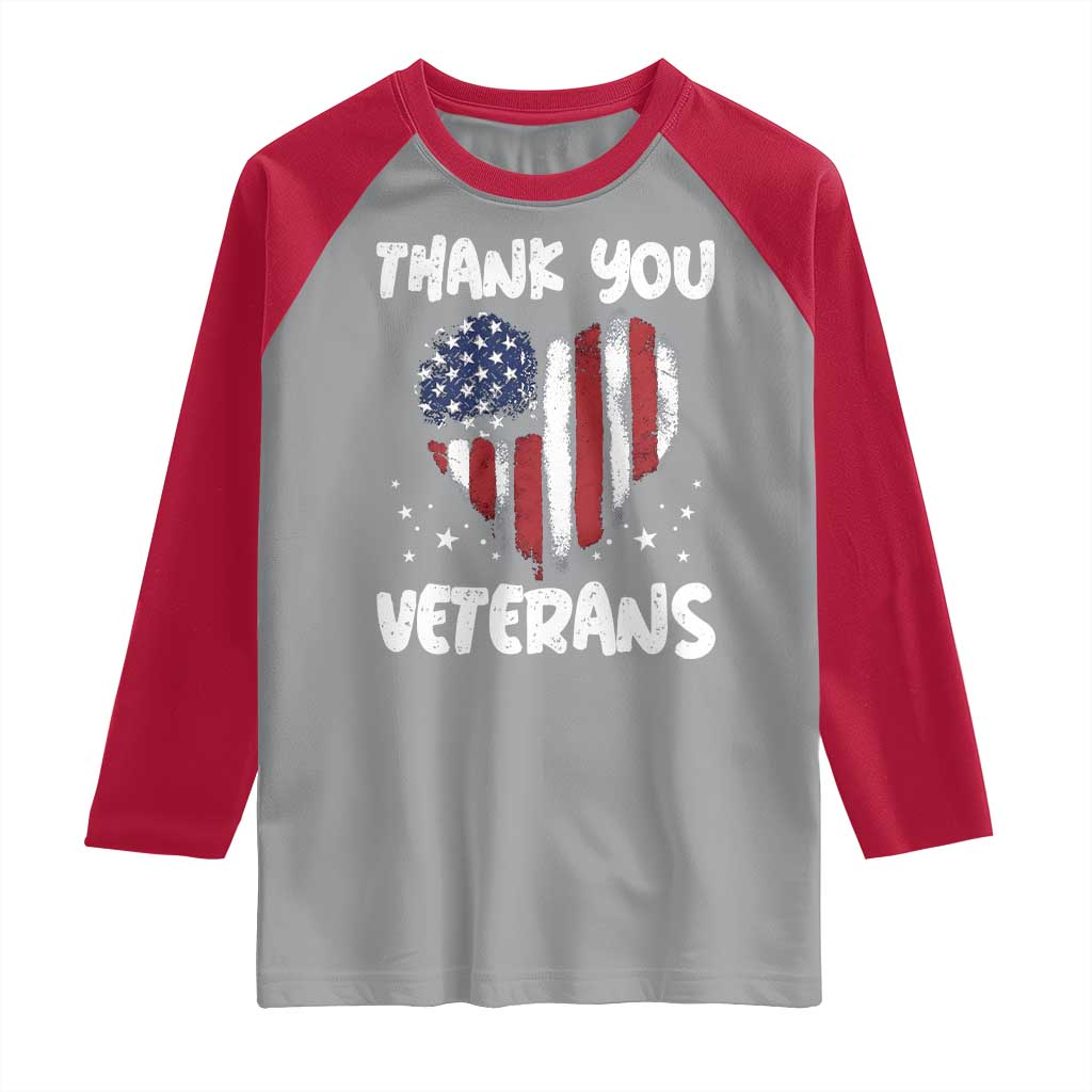 Thank You Veterans Raglan Shirt Patriotic Veterans Day Grunge USA Flag Heart TS10 Sport Gray Red Print Your Wear