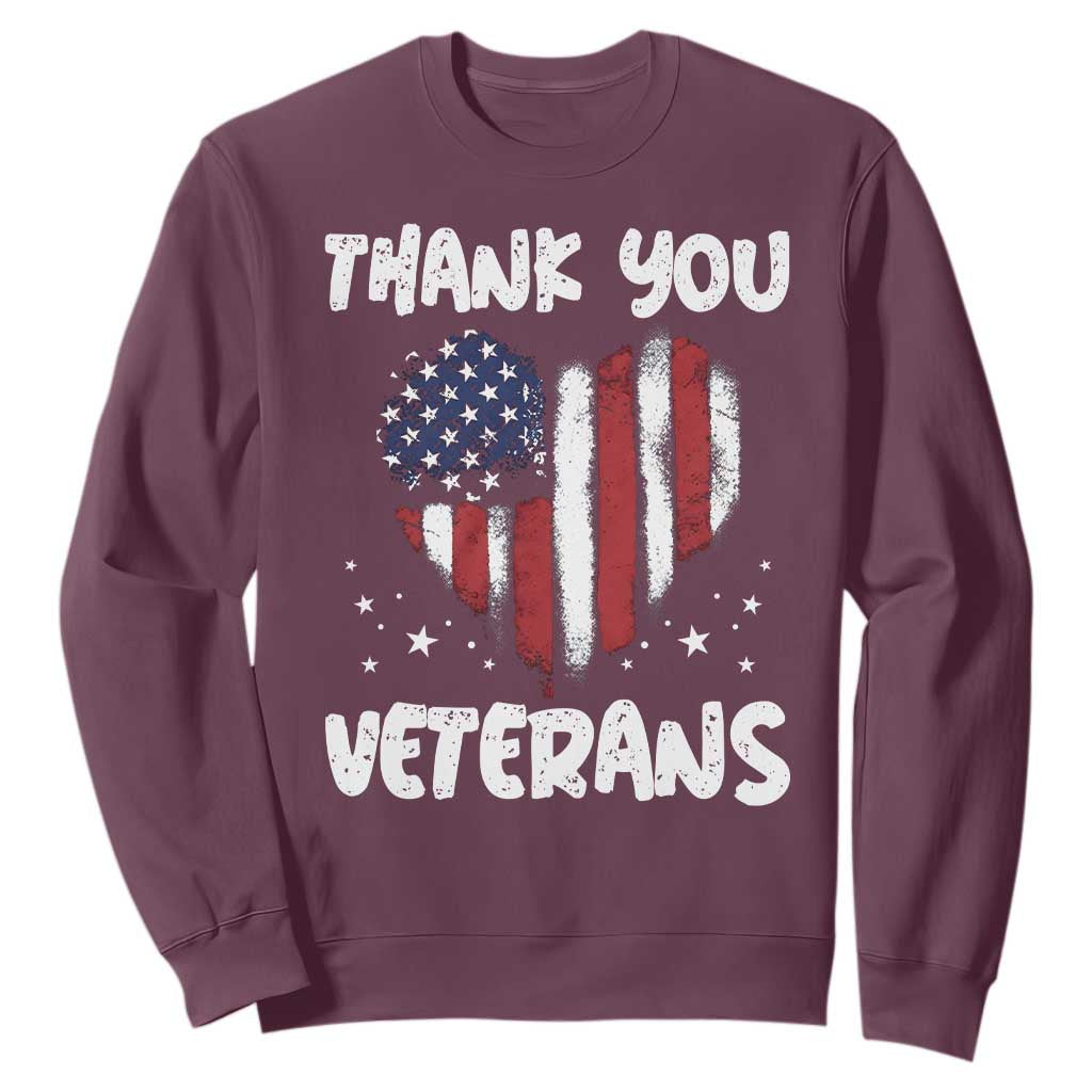 Thank You Veterans Sweatshirt Patriotic Veterans Day Grunge USA Flag Heart TS10 Maroon Print Your Wear