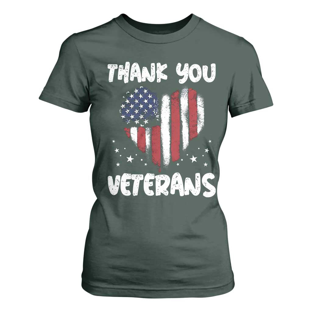 Thank You Veterans T Shirt For Women Patriotic Veterans Day Grunge USA Flag Heart TS10 Dark Forest Green Print Your Wear