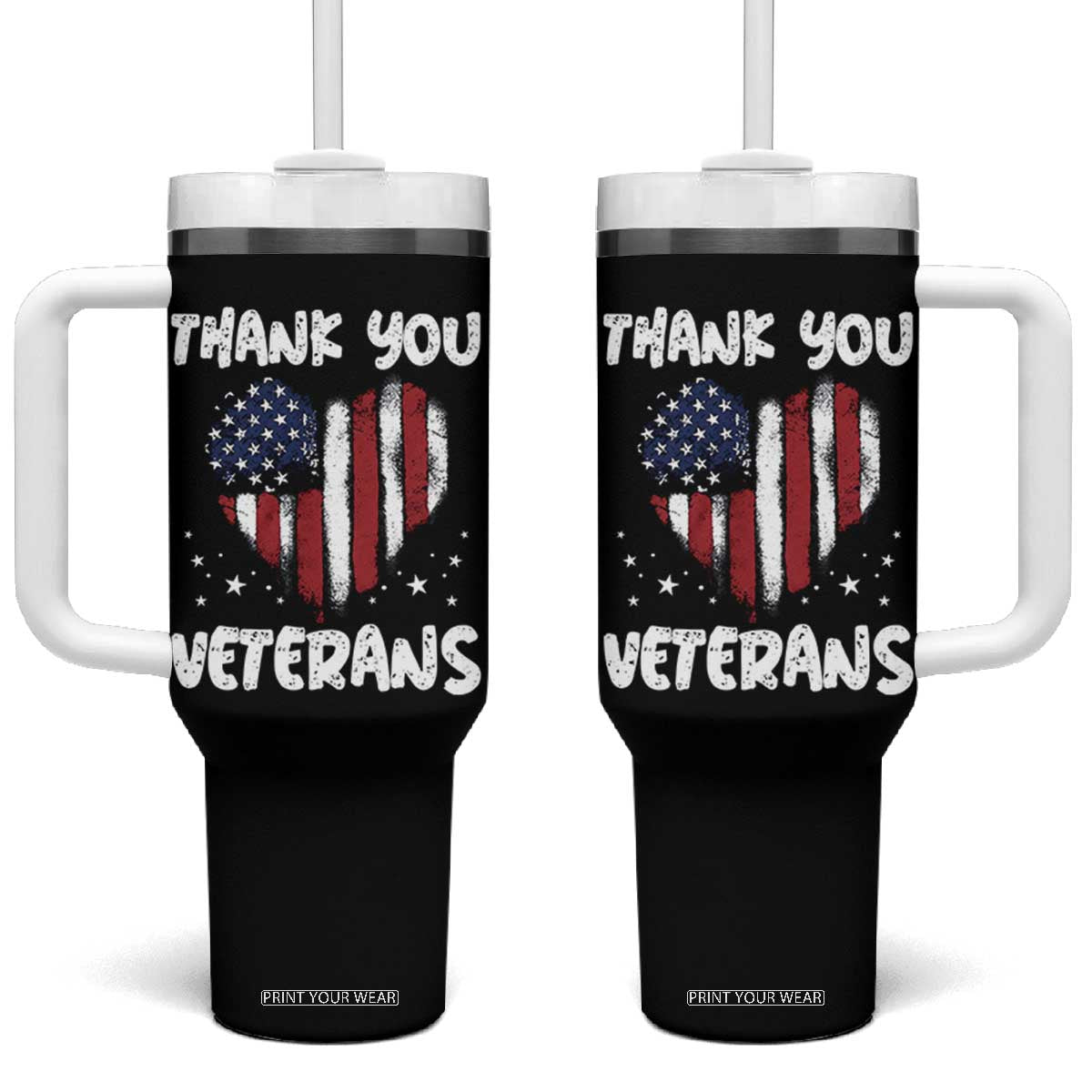 Thank You Veterans Tumbler With Handle Patriotic Veterans Day Grunge USA Flag Heart TS10 One Size: 40 oz Black Print Your Wear