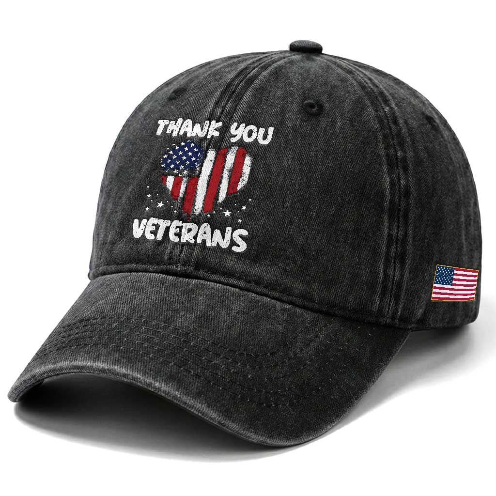 Thank You Veterans Washed Cotton Baseball Cap Patriotic Veterans Day Grunge USA Flag Heart TS10 Print Your Wear